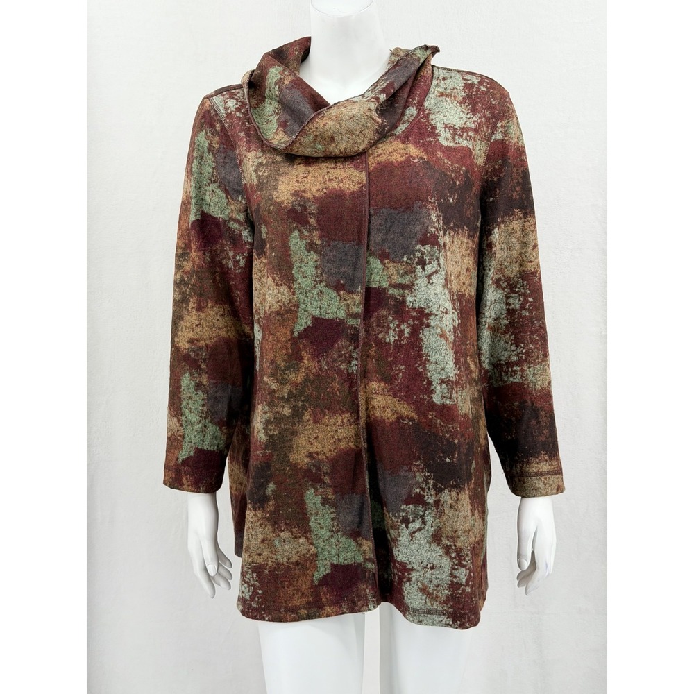 Ali Miles Top Womens XL Brown Abstract Cowl Neck Artsy Autumn Cozy Fall Earthy